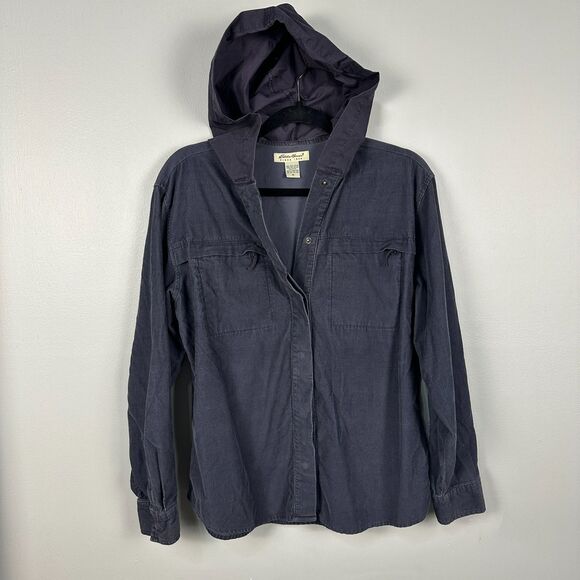 Vintage Eddie Bauer Womens Medium Shacket Jacket Grey Cotton Hood Lightweight - Picture 1 of 3